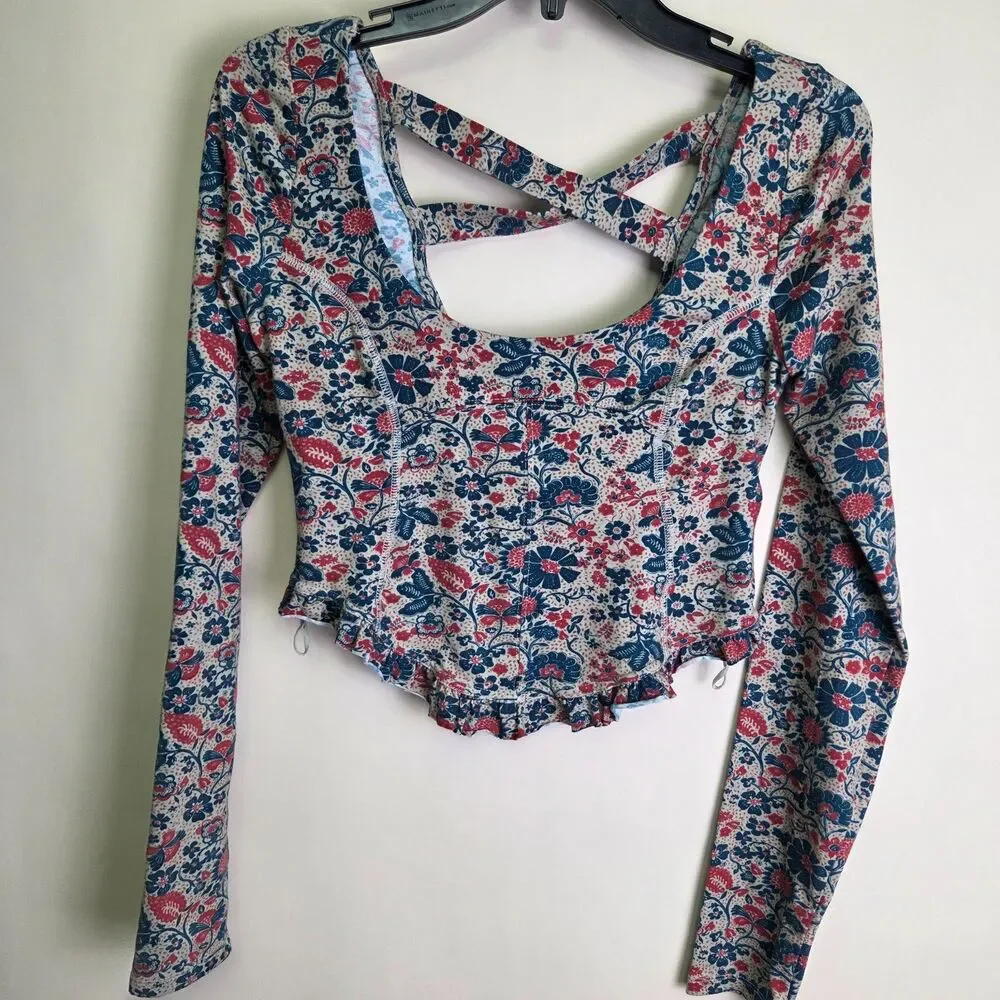 Free People Melanie Long Sleeve Floral Print Crop Top Cross Back Size Small